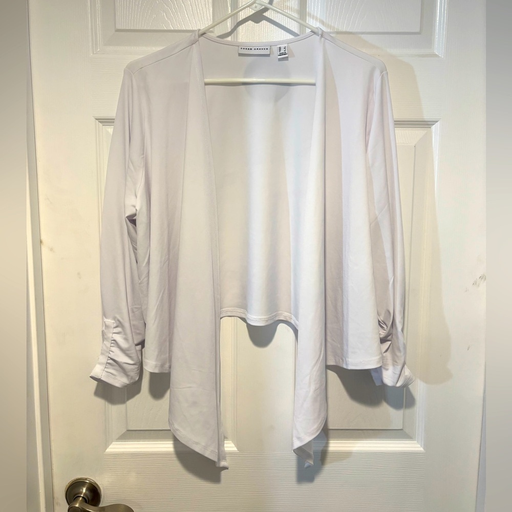 SUSAN GRAVER White Asymmetrical/Tie Front 3/4 Ruched Sleeve Shrug
